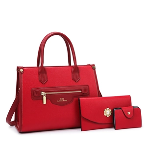 Detailansicht des roten Damenhandtaschen-Sets aus Leder mit Shopper und Brieftasche