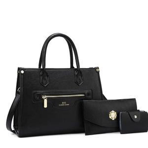 Schwarzes dreiteiliges Set aus PU-Leder mit Perlentotentasche und goldenen Details