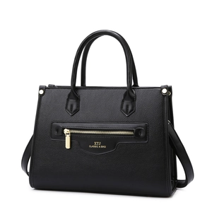 Klassische schwarze Tote-Bag aus Leder mit Litschi-Muster und goldenen Beschlägen