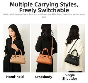 Detailed views of crocodile-embossed handbag showing top handle and adjustable shoulder strap