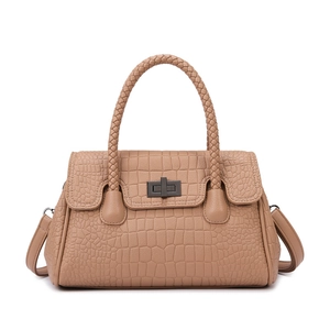 Khaki crocodile embossed handbag set with woven handle and metallic twist lock clasp