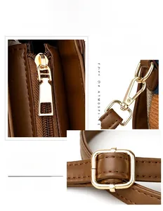 Detailed view of polished gold-tone hardware and brown textured leather on handbag
