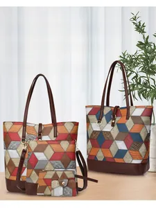 Macro shot of waterproof large capacity tote bag with geometric colorful splicing design