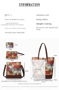 Detailed size chart for 4-piece PU leather tote set with crossbody and clutch dimensions