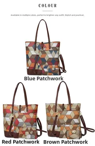 Detail view of 4-piece tote set in geometric patchwork leather and crocodile texture