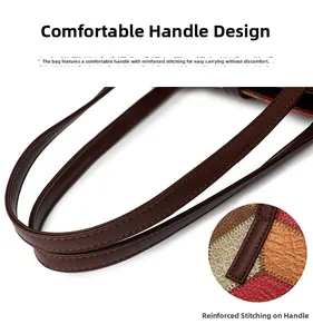 Close-up of reinforced stitching on smooth brown leather tote straps with patchwork texture