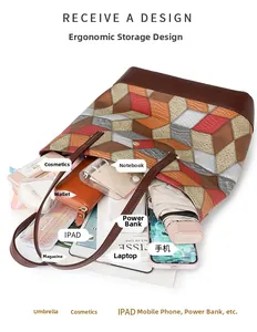 Top view of color-block tote bag showing spacious interior and daily essentials