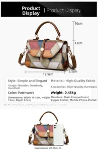 Detailed size specifications for the patchwork crossbody bag showing 19.5cm length and interior