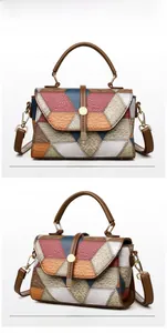 Detail view of colorful geometric patchwork handbag with textured leather and gold buckle