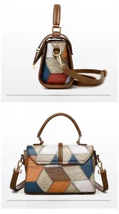 Detail view showing multi-color patchwork leather textures and gold metal hardware