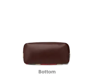 Detailed bottom view of large dark brown leather tote bag with precise stitching