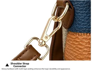 Detailed close-up of golden lobster clasp hardware and brown leather shoulder strap