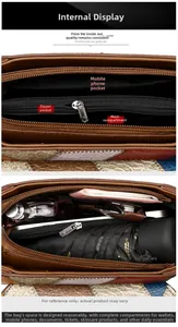 Detail view of large capacity interior with zip compartment and phone pocket on crossbody bag