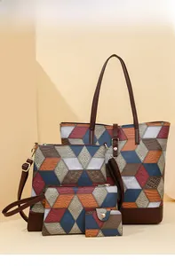 Detailed four-piece bag set with 3D geometric patterns and crocodile texture