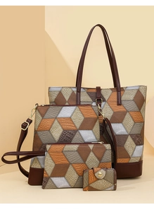 Detail view of 4-piece brown geometric quilted tote set with faux crocodile texture bags