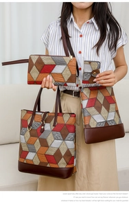 Detail view of 4-piece tote set with geometric diamond patterns and lychee grain texture