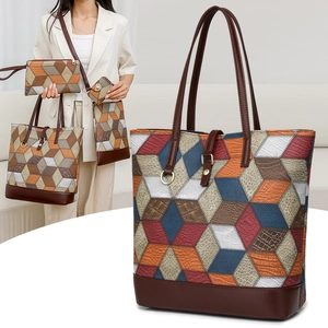 Multi-piece colorblock tote set with four different bags and geometric PU leather patterns