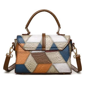 Multicolor patchwork handbag with crocodile texture and adjustable shoulder strap