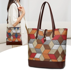 Geometric color-block tote bag set with matching crossbody bag and 3D textured panels