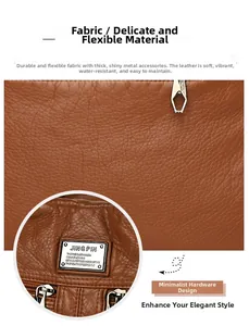 Detail of soft brown pebble grain leather texture and polished gold-tone metal logo plaque
