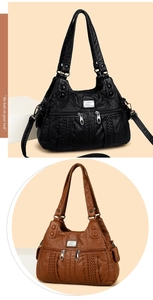 Detail view of the side woven trim and multi-zipper pockets on a soft PU leather shoulder bag