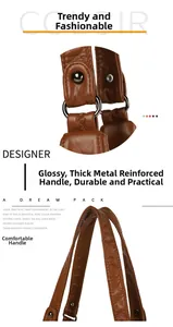 Detail of brown faux leather bag showing reinforced handles and dark metal hardware