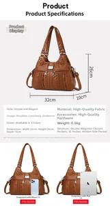Detail view of brown soft leather bag dimensions 32x26x10cm showing multi-pocket structure