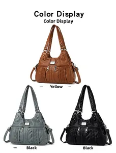 Detailed color display of soft faux leather handbags in brown, grey, and black colors