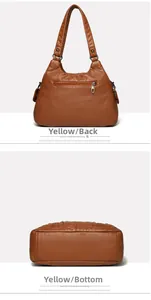 Macro detail of the brown faux leather bag back and base showing pebbled grain texture