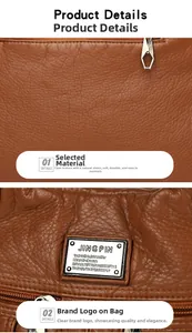 Close-up of deep brown pebbled leather texture with silver zipper and metal logo plate