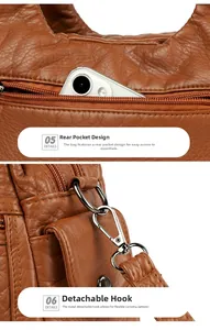 Detail of brown lychee leather bag showing back zipper pocket and silver metal hook