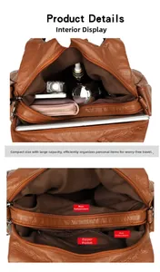Internal view of brown faux leather shoulder bag featuring multiple spacious compartments
