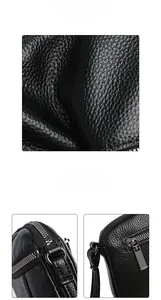 Close-up of premium black lychee texture cowhide leather and metal buckle detail