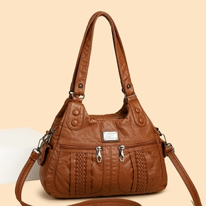Women Shoulder Bag Soft PU Leather Multi-Pocket Zipper Top Handle Crossbody Handbag Casual Minimalist Woven Detail