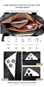 Detailed view of spacious black pebbled leather tote bag with multi-compartment storage