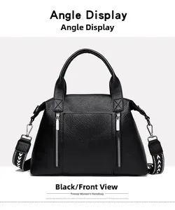 Detailed front view of black tote bag with litchi texture and geometric woven strap