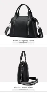 Detail of black pebbled leather tote with geometric strap and side zipper accents