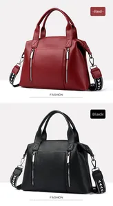 Close-up of red and black tote bags with textured PU leather and wide geometric strap