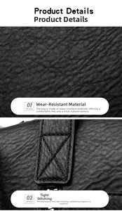 Close-up of durable black lychee grain leather texture and precise reinforced stitching