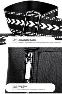 Detail of adjustable woven shoulder strap and smooth silver zipper on black leather tote