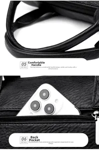 Macro shot of comfortable leather handles and secure back zipper pocket on black tote bag
