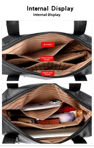 Internal view of large black tote bag featuring striped lining and organized compartments