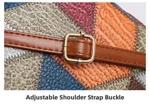 Detail view of adjustable shoulder strap with golden metal buckle on patchwork leather bag