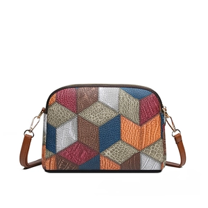 Ethnic style colorful patchwork leather crossbody bag with shell shape and gold hardware