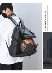 Detail of waterproof business backpack with expandable mesh pocket holding a basketball