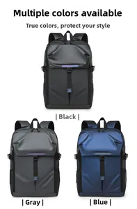 Three men's business backpacks in black, gray and blue with waterproof fabric finish