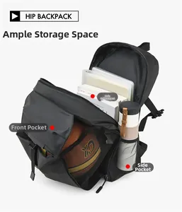 Detail view of large storage capacity with specialized front basketball compartment