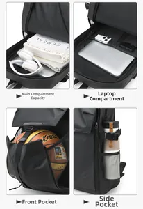 Detail view of large capacity backpack compartments showing laptop sleeve and basketball pocket