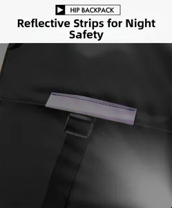 Detail of waterproof black backpack with a purple night reflective strip for safe travel