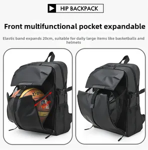 Detail view of expandable backpack pocket showing 20cm depth for helmet or basketball